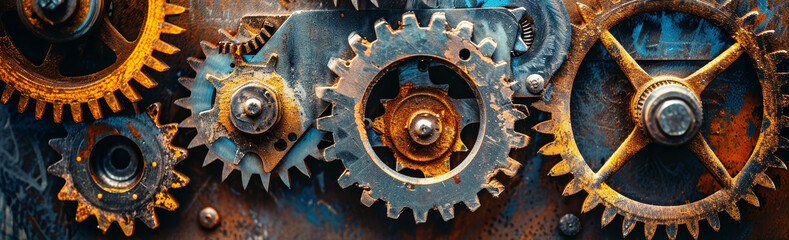 Vintage Gears Close Up - Rusty gears interlock, symbolizing industry, mechanics, time, precision, and legacy. A close-up view of intricate vintage machinery