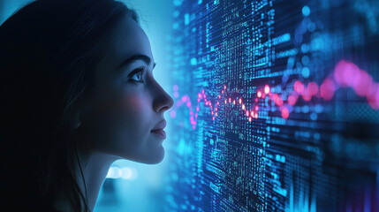 Futuristic AI assistant aids banker in analyzing financial risks with data visualization technology