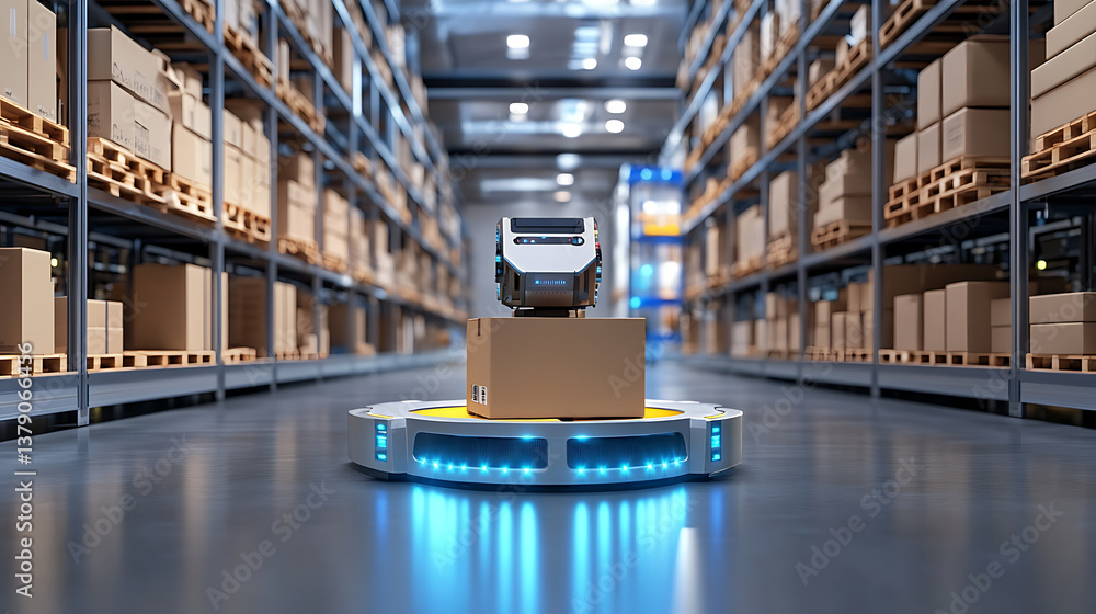 Poster future technology 3d concept smart warehouse technology, automated robot delivers an order box in sm