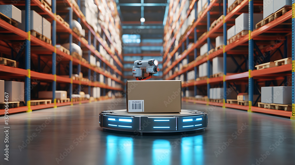 Poster future technology 3d concept smart warehouse technology, automated robot delivers an order box in sm