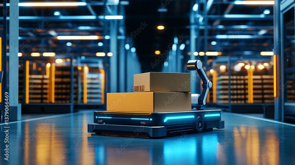 Fototapete future technology 3d concept smart warehouse technology, automated robot delivers an order box in sm