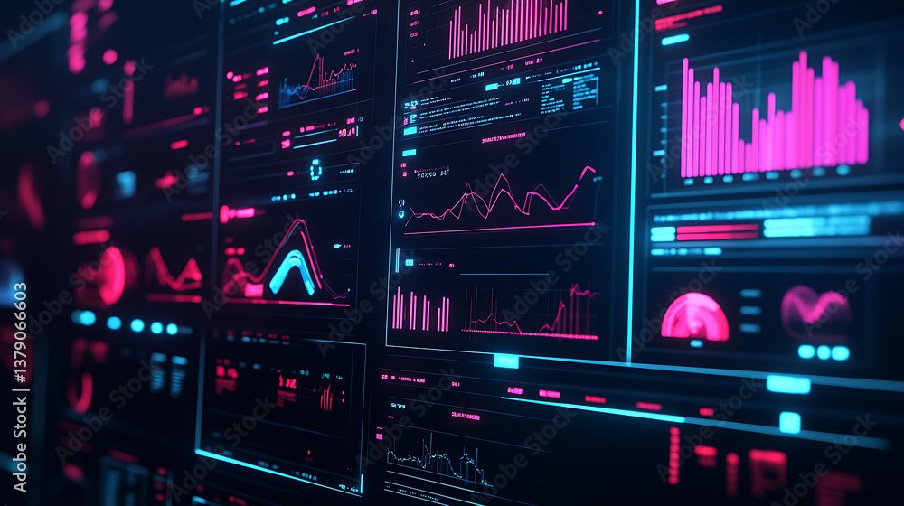 Poster Futuristic financial dashboard with data visualization analytics complexity graphs analytical diagrams technology bright neon dark
