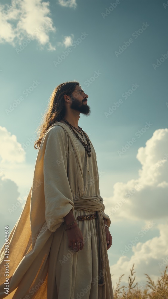 Aufkleber man in a white robe stands in a field with clouds in the sky. he is looking up at the sky