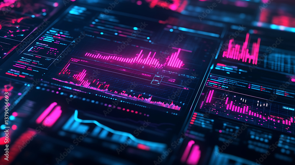 Poster Futuristic financial dashboard with data visualization analytics complexity graphs analytical diagrams technology bright neon dark