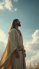 Fototapeta premium Man in a white robe stands in a field with clouds in the sky. He is looking up at the sky