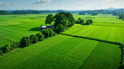 A serene rural landscape featuring expansive green fields, a small hut nestled among trees, and rolling hills in the distance The scene captures the essence of agricultural tranquility and natural be