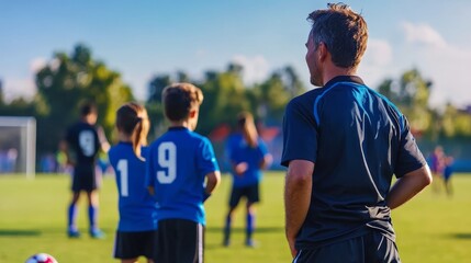 Fototapeta premium Youth football coach analyzing children s match promoting healthy sports participation