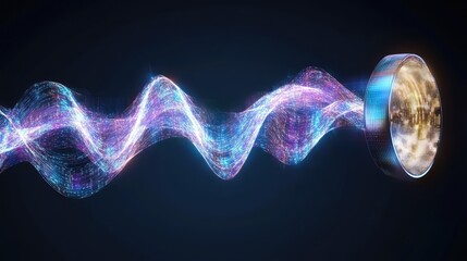 Abstract digital wave pattern with a futuristic sound wave emanating from a speaker, showcasing vibrant colors and intricate details in a high-tech environment.