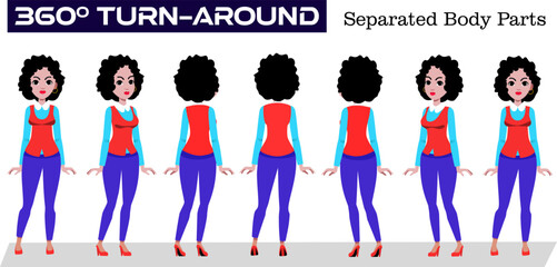 Woman Character 360 Degree Turn Around Model Sheet with Separated Body Parts Vector Illustration