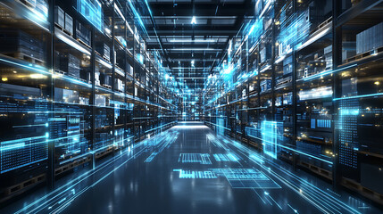 Futuristic technology retail warehouse, a digital warehouse with electronic grids connected to a barcode scanner banner background