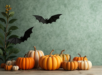 group of pumpkins with bats and leaves for halloween decoration