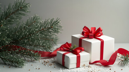 Obraz premium two white gift boxes with red ribbons and pine sprig