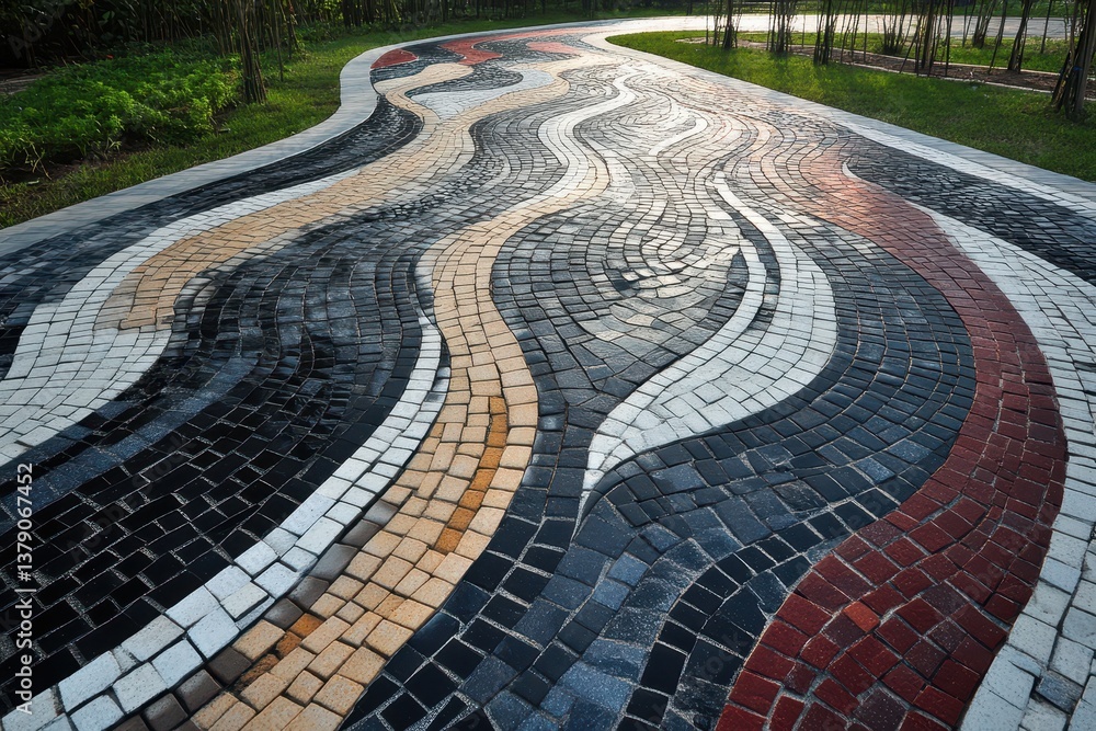 Poster a tiled walkway featuring a wavy pattern stretching into the distance incorporating abstract or surr