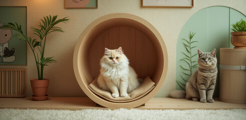 Fototapeta na wymiar two cats relaxing in a stylish wooden cat house