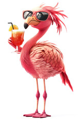 Cheerful cartoon flamingo in sunglasses holding tropical cocktail on white background. Concept of summer vacation, exotic travel, and vibrant social media marketing for tourism campaigns