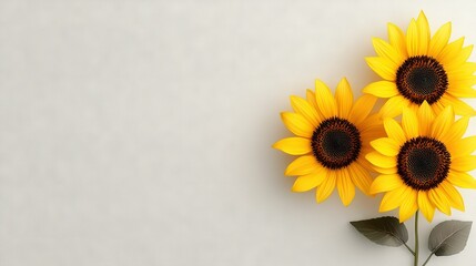   Three yellow sunflowers with green leaves on a white background, providing space for text or image insertion
