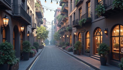 Fototapeta premium Charming alleyway adorned with greenery and vintage lanterns in an urban setting during late afternoon