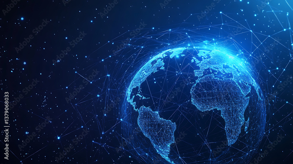 Poster global communication technologies, digital tech of world globe wireless, futuristic modern illustrat