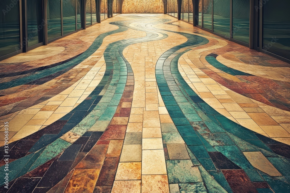 Poster a tiled walkway featuring a wavy pattern stretching into the distance incorporating abstract or surr