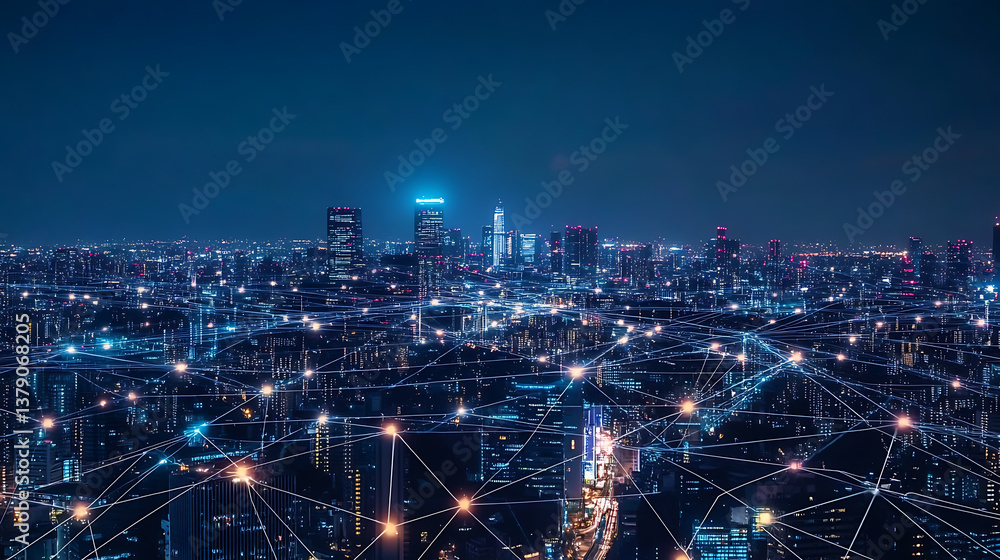 Poster global network connection, covering the city with lines of innovative perception, the concept of 5g 