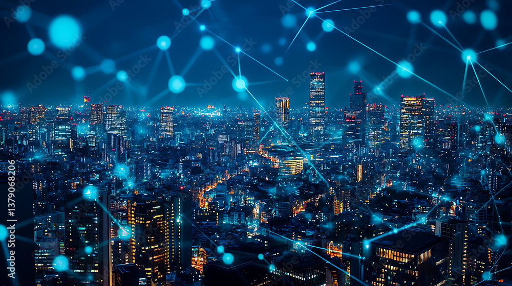 Leinwandbilder global network connection, covering the city with lines of innovative perception, the concept of 5g 