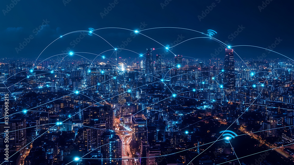Poster global network connection, covering the city with lines of innovative perception, the concept of 5g 