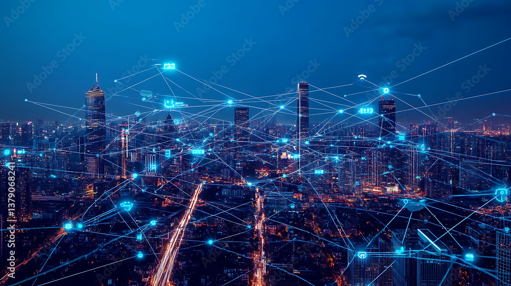 Poster global network connection, covering the city with lines of innovative perception, the concept of 5g 
