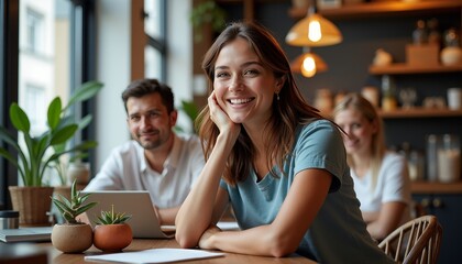 Group of young professionals engaging in collaborative work at a cozy café during the afternoon