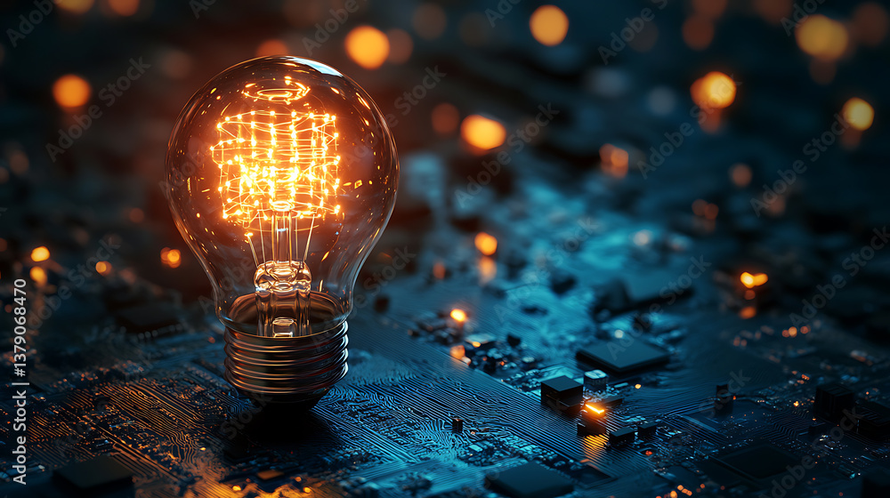 Poster glowing electric light bulb with microcircuit inside on dark background