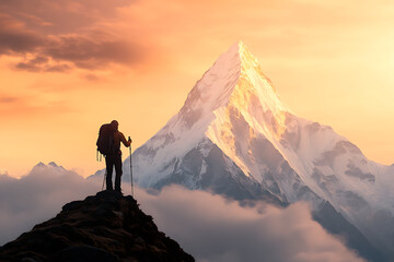 Fototapeta premium Mountain climber enjoying the view from the summit. The hiker is standing at the peak of the mountain at sunset.