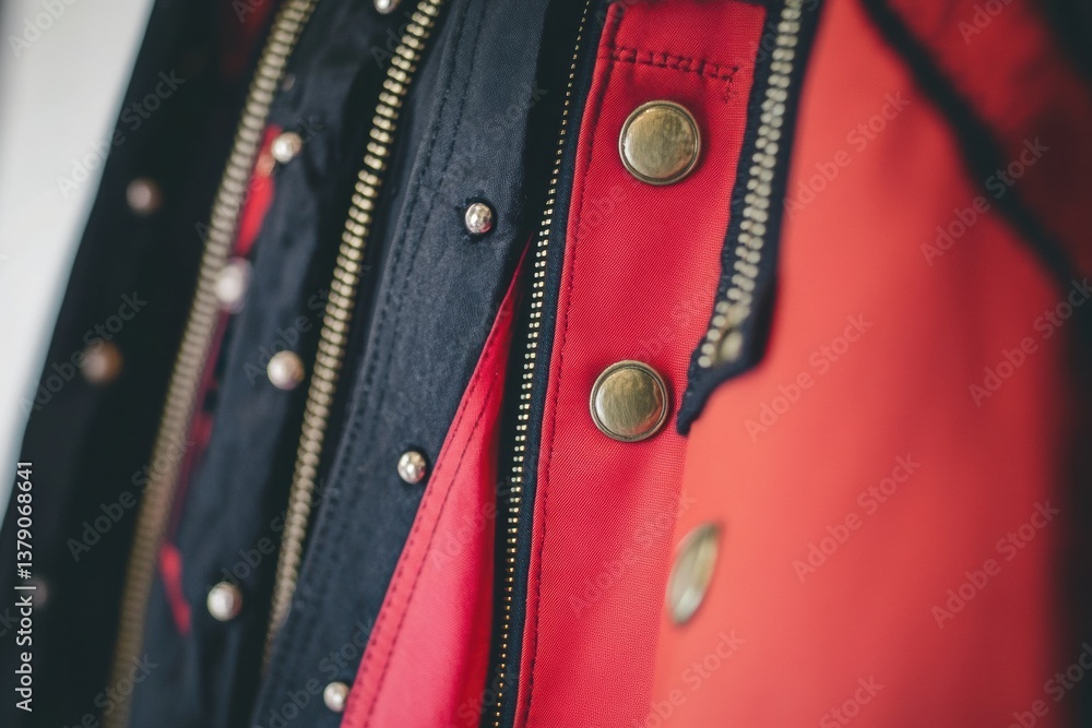 Poster close-up of stylish garments displaying zippers and buttons in a vibrant fashion setting with bright