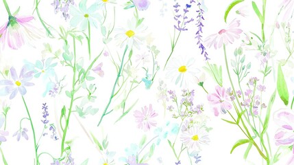   A watercolor image of daisies and wildflowers on a white canvas with green foliage and purple hues