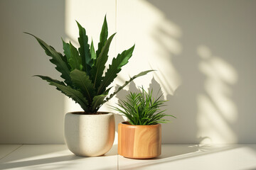 Fototapeta premium two potted plants with contrasting leaves and pots in sunlight against a white wall