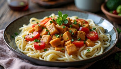 Spaghetti served with creamy squash cubes and fresh tomatoes on a rustic wooden table during a warm afternoon