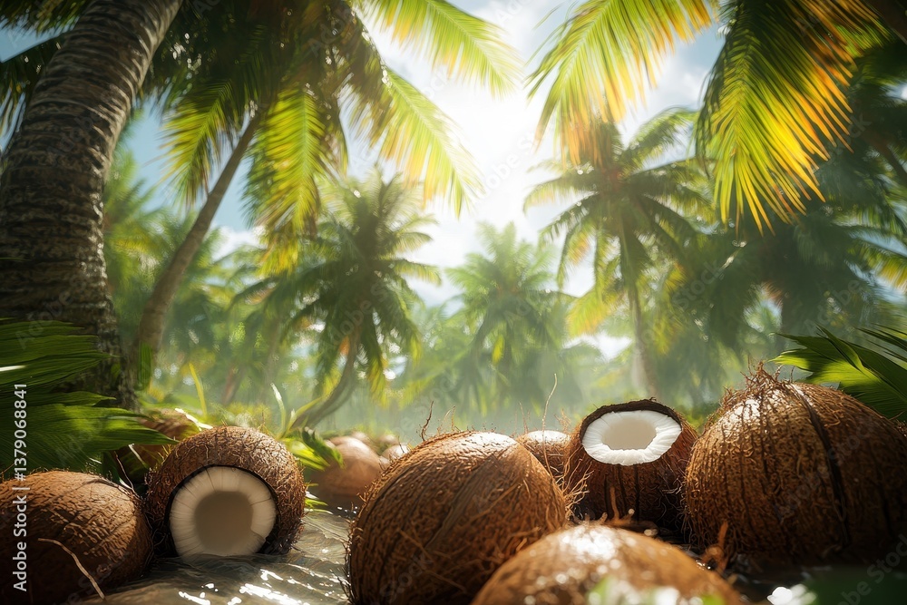 Poster a tropical setting with palm trees towering over a cluster of coconuts imagine a world where coconut