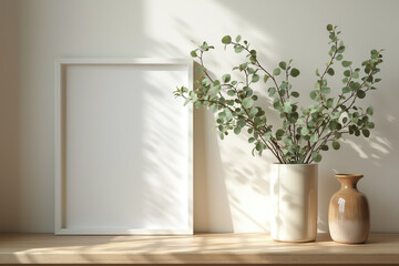 white frame and eucalyptus branches in a minimalist setting