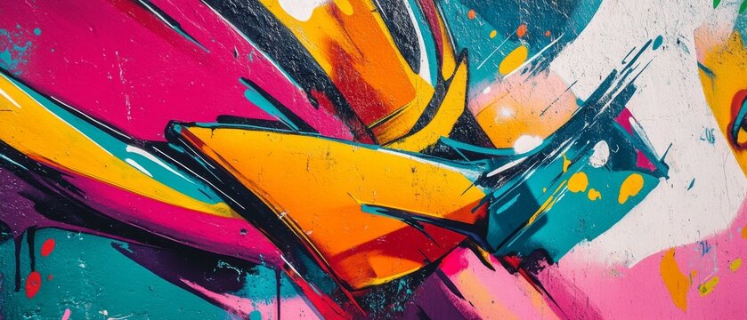 Energetic, abstract graffiti art showcases vibrant splashes of pink, yellow, and teal, forming dynamic, layered geometric shapes.