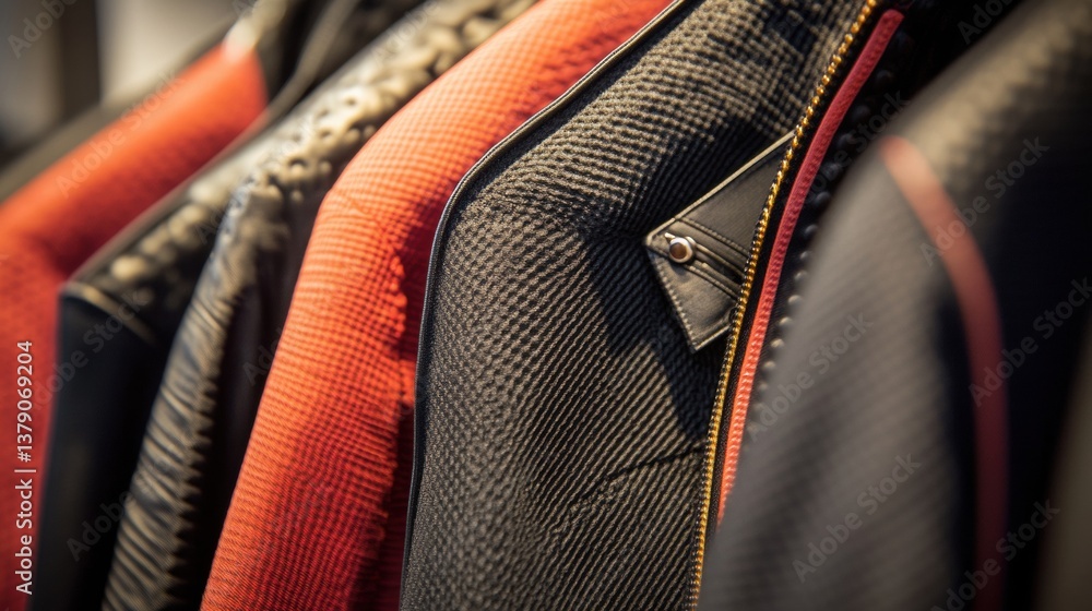 Aufkleber stylish garments on display showcasing zippers buttons and bold textures in a bright clean setting