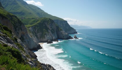 Fototapeta premium Beautiful coastal landscape featuring cliffs and waves in a serene environment during a sunny day