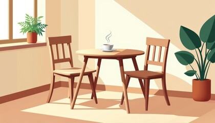 Fototapeta premium Cozy corner with a table and chairs, featuring a steaming cup in a sunlit room