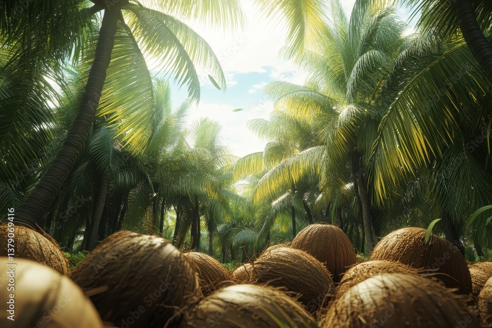 Poster a tropical setting with palm trees towering over a cluster of coconuts imagine a world where coconut