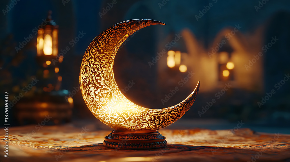 Aufkleber golden arabic calligraphy of ramadan kareem in crescent moon shape and illuminated realistic lamp on