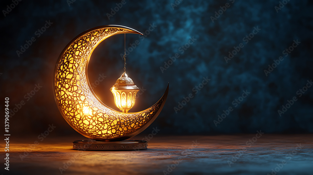 Aufkleber golden arabic calligraphy of ramadan kareem in crescent moon shape and illuminated realistic lamp on