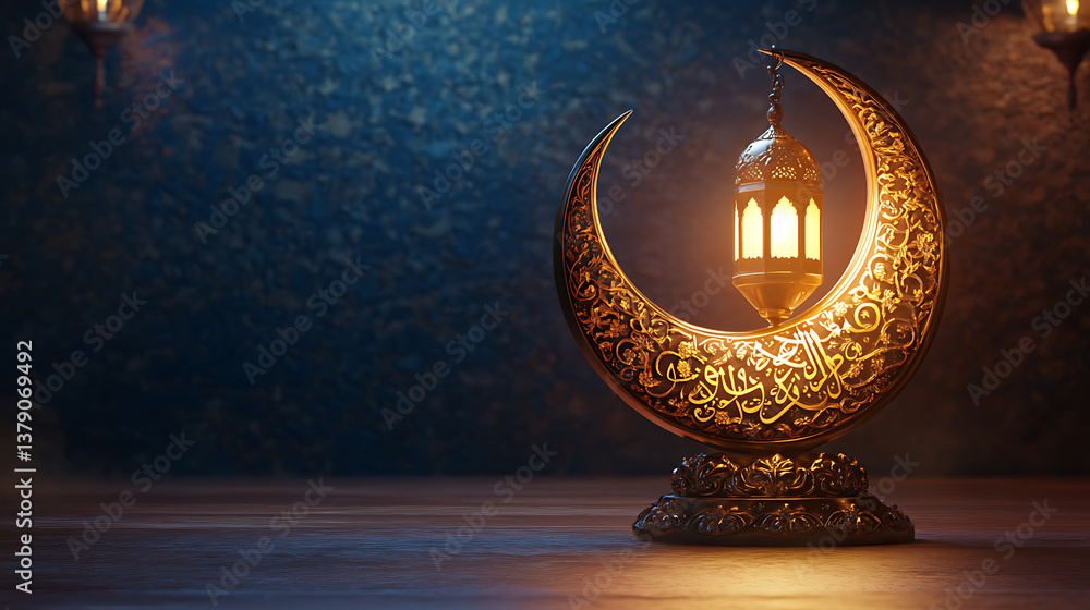 Poster golden arabic calligraphy of ramadan kareem in crescent moon shape and illuminated realistic lamp on
