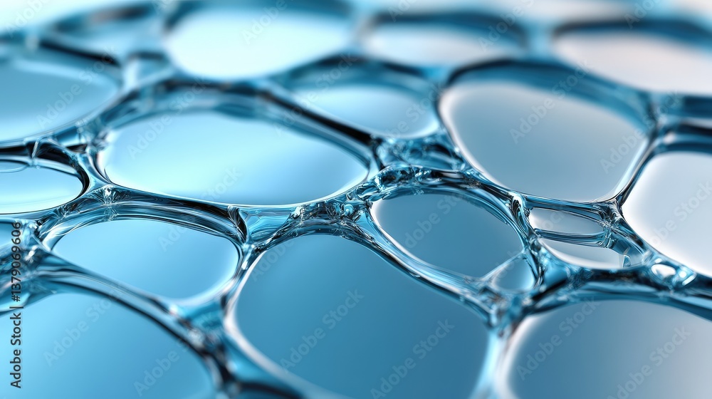 Poster close-up view of natural water droplets on surface with soft light and blue tint, showcasing beautif