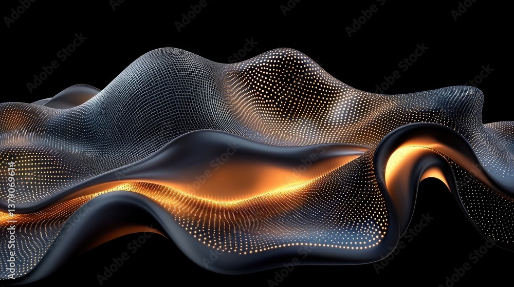 Poster abstract wave patterns with luminous dots showcasing fluid movement and modern design in a dark back