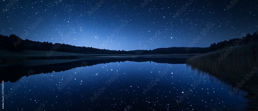 Wall mural a starry night sky is flawlessly reflected in a calm lake, creating a captivating mirror effect that