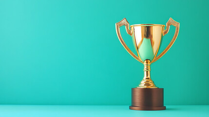 Fototapeta premium Golden trophy on turquoise background, winning theme with bright contrast, victory concept