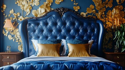 Opulent blue bed with golden floral wall artwork and design