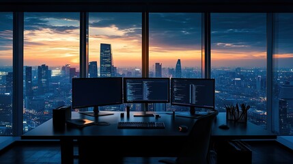 Modern Developer Workspace in High-Rise Office at Sunset